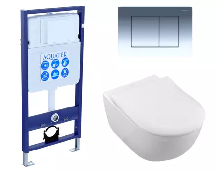 Комплект 3 в 1 инсталляция Акватек Standart 50 + Унитаз подвесной Villeroy & Boch Subway 2.0 с кнопкой хром INS-0000012 + 5614R201 + KDI-0000010