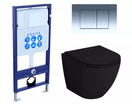 Комплект 3 в 1 инсталляция Акватек Standart 50 + Унитаз подвесной Grossman GR-4455BMS черный с кнопкой хром INS-0000012 + GR-4455BMS + KDI-0000010