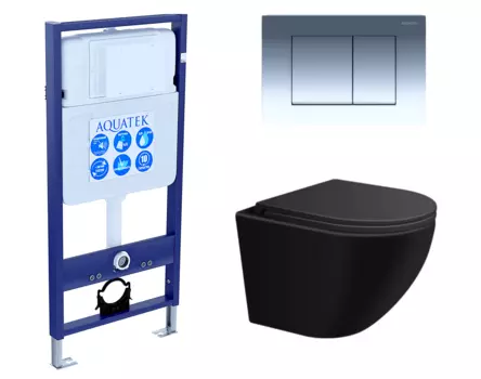 Комплект 3 в 1 инсталляция Акватек Standart 50 + Подвесной унитаз SinteSi EVI черный с кнопкой хром INS-0000012 + SIN-TS-EVI-151BM + KDI-0000010