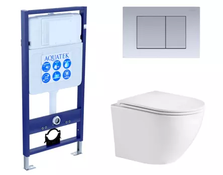 Комплект 3 в 1 инсталляция Акватек Standart 50 + Подвесной унитаз WeltWasser Merzbach 043 GL-WT с кнопкой хром матовой INS-0000012 + 10000008254 + KDI-0000011