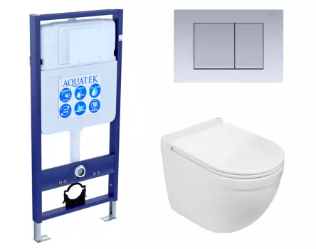Комплект 3 в 1 инсталляция Акватек Standart 50 + Подвесной унитаз WeltWasser Heimbach 043 GL-WT с кнопкой хром матовой INS-0000012 + 10000008260 + KDI-0000011
