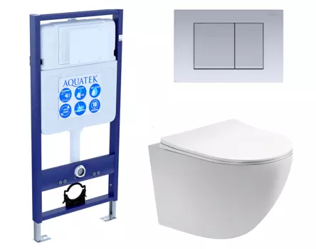 Комплект 3 в 1 инсталляция Акватек Standart 50 + Унитаз подвесной Акватек Европа AQ1900-00 с кнопкой хром матовой INS-0000012 + AQ1900-00 + KDI-0000011