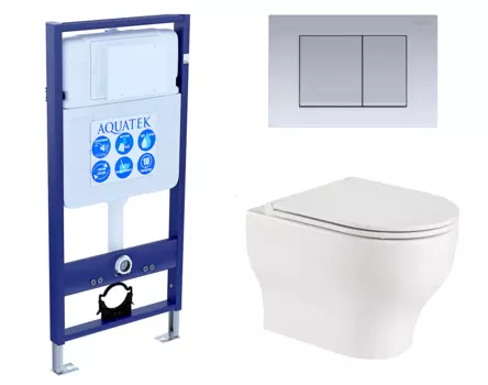 Комплект 3 в 1 инсталляция Акватек Standart 50 + Подвесной унитаз WeltWasser Erlenbach 004 GL-WT с кнопкой хром матовой INS-0000012 + 10000003807 + KDI-0000011
