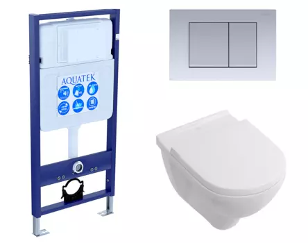 Комплект 3 в 1 инсталляция Акватек Standart 50 + Унитаз подвесной Villeroy & Boch O Novo Directflush с кнопкой хром матовой INS-0000012 + 5660HR01 + KDI-0000011