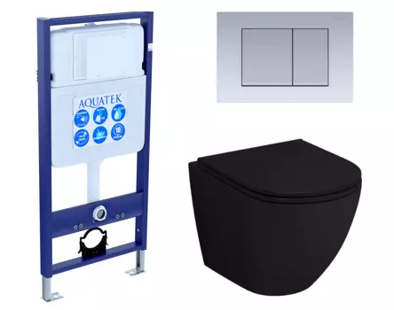 Комплект 3 в 1 инсталляция Акватек Standart 50 + Унитаз подвесной Grossman GR-4455BMS черный с кнопкой хром матовой INS-0000012 + GR-4455BMS + KDI-0000011