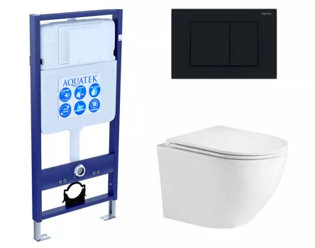 Комплект 3 в 1 инсталляция Акватек Standart 50 + Подвесной унитаз WeltWasser Merzbach 043 GL-WT с кнопкой черной INS-0000012 + 10000008254 + KDI-0000012