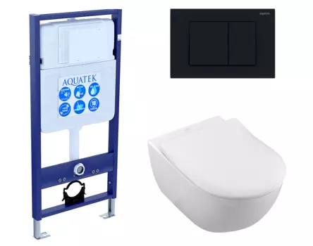 Комплект 3 в 1 инсталляция Акватек Standart 50 + Унитаз подвесной Villeroy & Boch Subway 2.0 с кнопкой черной INS-0000012 + 5614R201 + KDI-0000012