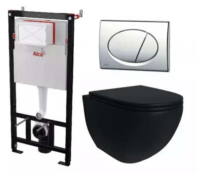 Комплект 3 в 1 инсталляция AlcaPlast AM101/1120-3:1 RU M71-0001 + Унитаз подвесной Enio Unico BL черный EN4105055 + кнопка хром