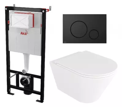 Комплект 3 в 1 инсталляция AlcaPlast AM101/1120-4:1 RU M678-0001 + Унитаз подвесной Enio Cento EN4280110 + кнопка черная матовая