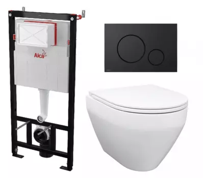 Комплект 3 в 1 инсталляция AlcaPlast AM101/1120-4:1 RU M678-0001 + Унитаз подвесной Enio Cono EN2870522 + кнопка черная матовая