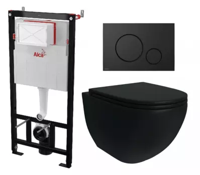 Комплект 3 в 1 инсталляция AlcaPlast AM101/1120-4:1 RU M678-0001 + Унитаз подвесной Enio Unico BL черный EN4105055 + кнопка черная матовая