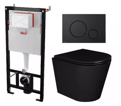 Комплект 3 в 1 инсталляция AlcaPlast AM101/1120-4:1 RU M678-0001 + Унитаз подвесной Enio Cento BL черный EN4280035 + кнопка черная матовая