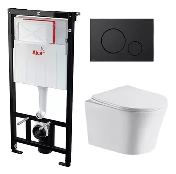 Комплект 3 в 1 инсталляция AlcaPlast + Подвесной унитаз CeruttiSpa Adige Aria CT7837 + черная кнопка
