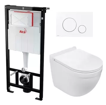 Комплект 3 в 1 инсталляция AlcaPlast + Подвесной унитаз WeltWasser Heimbach 043 GL-WT+ кнопка белая