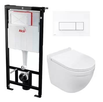 Комплект 3 в 1 инсталляция AlcaPlast + Подвесной унитаз WeltWasser Heimbach 043 GL-WT + кнопка белая