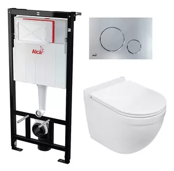 Комплект 3 в 1 инсталляция AlcaPlast + Подвесной унитаз WeltWasser Heimbach 043 GL-WT + кнопка хром