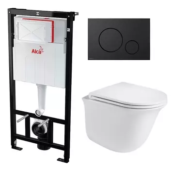 Комплект 3 в 1 инсталляция AlcaPlast + Подвесной унитаз WeltWasser Telbach 004 GL-WT + черная кнопка
