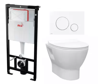 Комплект 3 в 1 инсталляция AlcaPlast + Унитаз подвесной Enio Nativo EN1270551 + кнопка белая