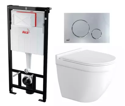 Комплект 3 в 1 инсталляция AlcaPlast + Унитаз подвесной Enio Pulito EN1170052 + кнопка хром