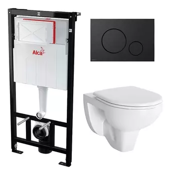 Комплект 3 в 1 инсталляция AlcaPlast + Унитаз подвесной Berges Wasserhaus Gamma 081105 + черная кнопка
