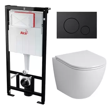 Комплект 3 в 1 инсталляция AlcaPlast + Унитаз подвесной Grossman GR-4455S + черная кнопка