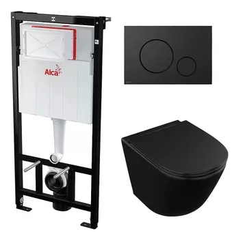 Комплект 3 в 1 инсталляция AlcaPlast + Унитаз подвесной Owl 1975 Vind Cirkel-H Matt Black OWLT190305 + черная кнопка