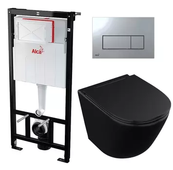 Комплект 3 в 1 инсталляция AlcaPlast + Унитаз подвесной Owl 1975 Vind Cirkel-H Matt Black OWLT190305 + кнопка хром