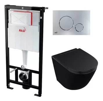 Комплект 3 в 1 инсталляция AlcaPlast + Унитаз подвесной Owl 1975 Vind Cirkel-H Matt Black OWLT190305 + кнопка хром