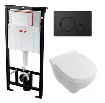 Комплект 3 в 1 инсталляция AlcaPlast + Унитаз подвесной Villeroy & Boch O Novo Directflush + черная кнопка