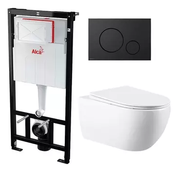 Комплект 3 в 1 инсталляция AlcaPlast + Унитаз подвесной Vincea Evo VT1-34 + черная кнопка