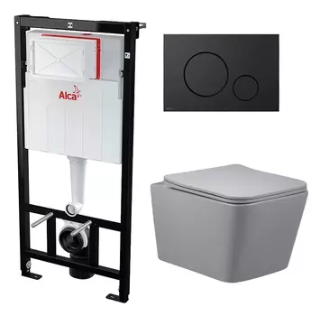 Комплект 3 в 1 инсталляция AlcaPlast + Унитаз подвесной Vincea Q-Line VT1-12MG + черная кнопка