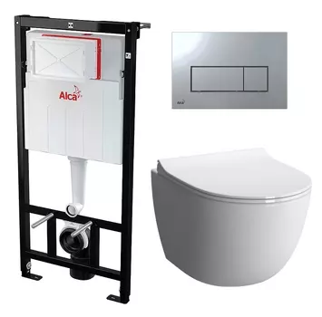 Комплект 3 в 1 инсталляция AlcaPlast + Унитаз подвесной VitrA Sento 7748В003-0075 + кнопка хром