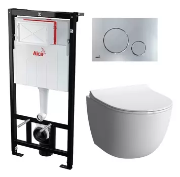 Комплект 3 в 1 инсталляция AlcaPlast + Унитаз подвесной VitrA Sento 7748В003-0075 + кнопка хром