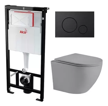 Комплект 3 в 1 инсталляция AlcaPlast + Унитаз подвесной Weltwasser WW Merzbach 043 MT-GR + черная кнопка
