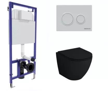 Комплект 3 в 1 инсталляция Berges Novum O4 + Унитаз подвесной Grossman GR-4455BMS черный с кнопкой белой