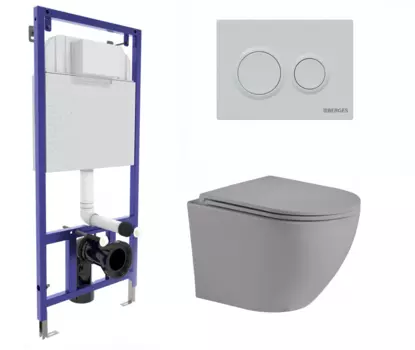 Комплект 3 в 1 инсталляция Berges Novum O4 + Унитаз подвесной Weltwasser WW Merzbach 043 MT-GR серый с кнопкой белой