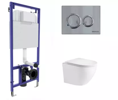 Комплект 3 в 1 инсталляция Berges Novum O3 + Подвесной унитаз WeltWasser Merzbach 043 GL-WT с кнопкой глянцевой хром