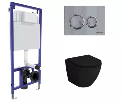 Комплект 3 в 1 инсталляция Berges Novum O3 + Унитаз подвесной Grossman GR-4455BMS черный с кнопкой глянцевой хром