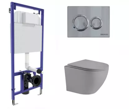 Комплект 3 в 1 инсталляция Berges Novum O3 + Унитаз подвесной Weltwasser WW Merzbach 043 MT-GR серый с кнопкой глянцевой хром