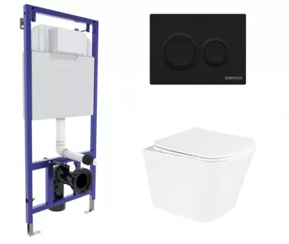 Комплект 3 в 1 инсталляция Berges Novum O5 + Унитаз подвесной BelBagno Due BB3103CHR/SC с кнопкой черной