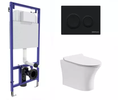 Комплект 3 в 1 инсталляция Berges Novum O5 + Подвесной безободковый унитаз CeruttiSpa Bernina aria CT7191 с кнопкой черной
