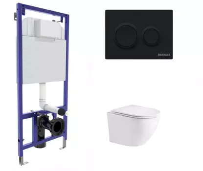 Комплект 3 в 1 инсталляция Berges Novum O5 + Подвесной унитаз WeltWasser Merzbach 043 GL-WT с кнопкой черной