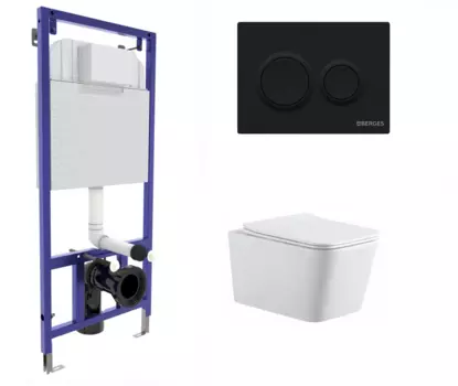 Комплект 3 в 1 инсталляция Berges Novum O5 + Подвесной унитаз SinteSi BALTI с кнопкой черной