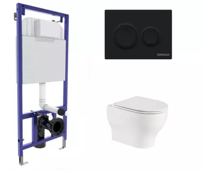 Комплект 3 в 1 инсталляция Berges Novum O5 + Подвесной унитаз WeltWasser Erlenbach 004 GL-WT с кнопкой черной