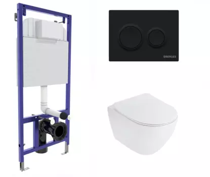 Комплект 3 в 1 инсталляция Berges Novum O5 + Унитаз подвесной Cezares Stylus CZR-513-TH-R с кнопкой черной