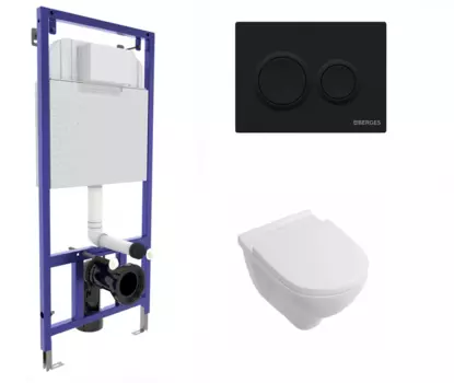 Комплект 3 в 1 инсталляция Berges Novum O5 + Унитаз подвесной Villeroy & Boch O Novo Directflush с кнопкой черной