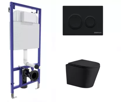 Комплект 3 в 1 инсталляция Berges Novum O5 + Подвесной унитаз WeltWasser Salzbach 043 MT-BL черный с кнопкой черной