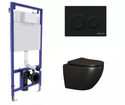 Комплект 3 в 1 инсталляция Berges Novum O5 + Унитаз подвесной Ceramica Nova Metropol CN4002MB черный с кнопкой черной