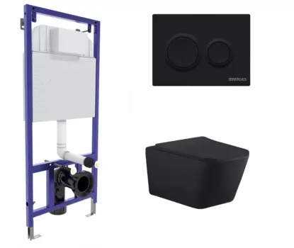 Комплект 3 в 1 инсталляция Berges Novum O5 + Унитаз подвесной Aquanet Tavr-W BW 287011 черный с кнопкой черной