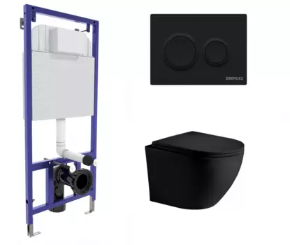 Комплект 3 в 1 инсталляция Berges Novum O5 + Унитаз подвесной Weltwasser WW Merzbach 043 MT-BL черный с кнопкой черной